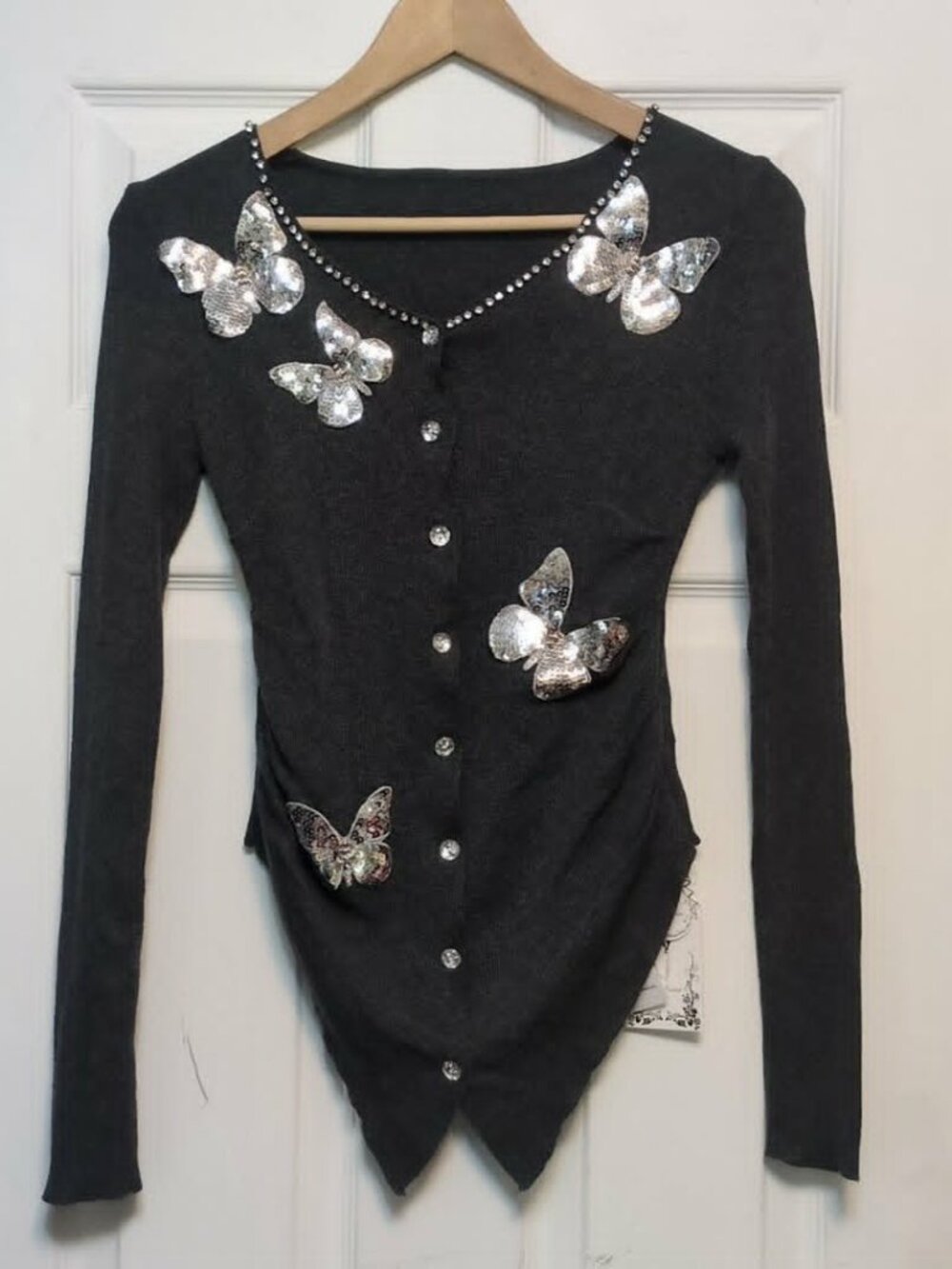 Miss Rosier Sz M Silver Sequin Butterfly Patch Gray Cardigan Sweater Rhinestone